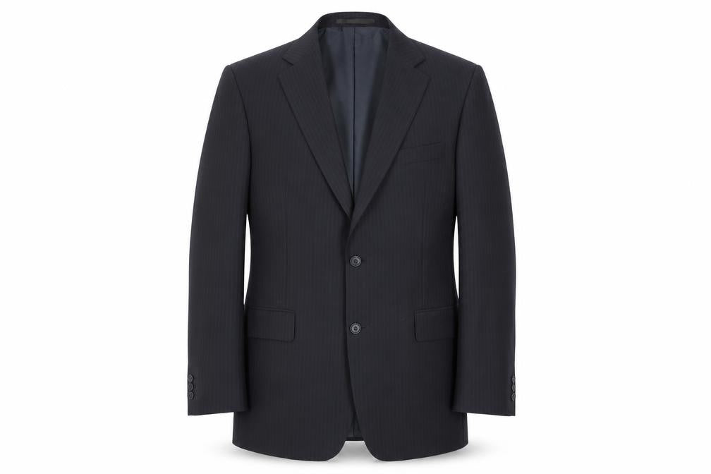 Front view of Marks & Spencer men’s blue striped polyester jacket suit jacket, size 42, regular