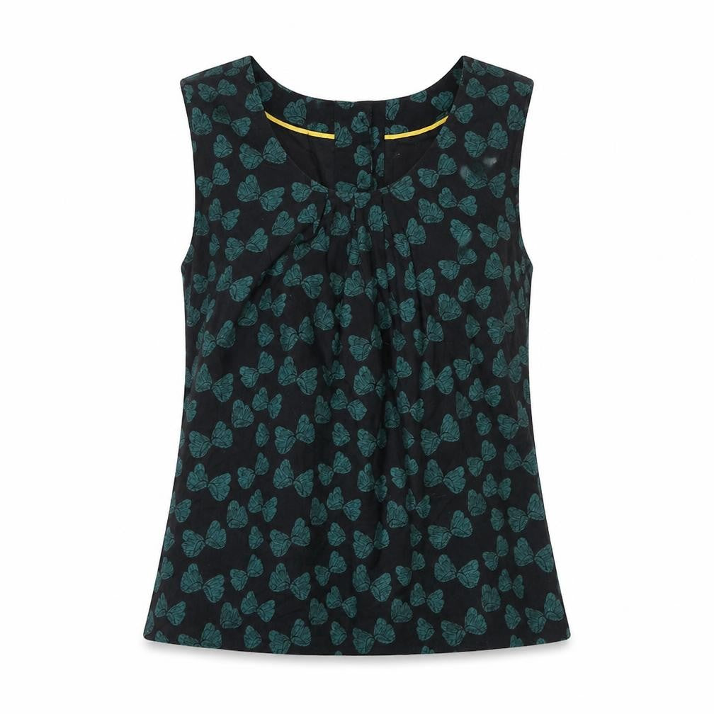 Front view of Ness women’s black geometric cotton basic tank, size S, roll neck - butterfly