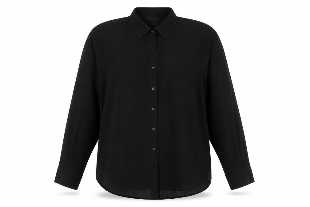 Front view of Glamorous women’s black polyester basic button-up, size S, collared