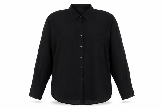 Front view of Glamorous women’s black polyester basic button-up, size S, collared