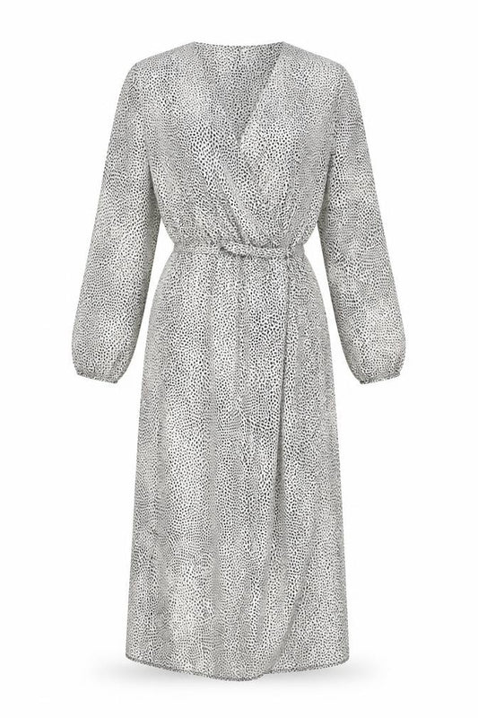 Front view of Lipsy women’s beige animal print polyester wrap dress, size UK 8, v-neck tie
