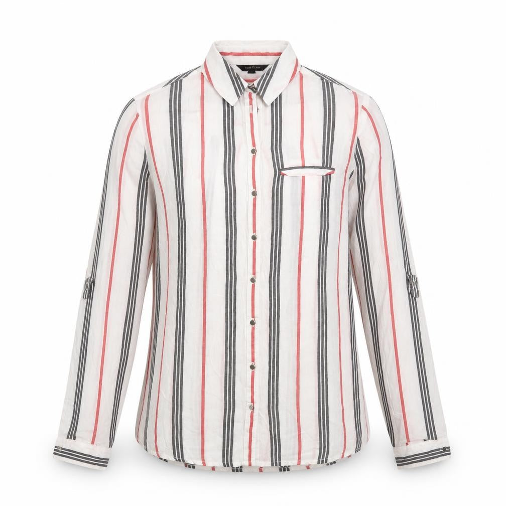 Front view of River Island women’s white striped modal basic button-up, size UK 6, collared
