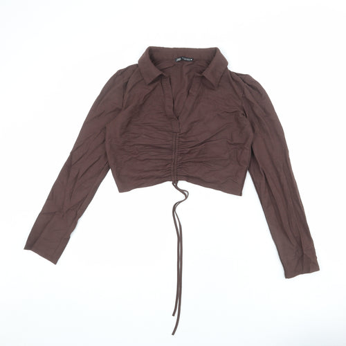 Zara Womens Brown Viscose Cropped T-Shirt Size M Collared - Ruched