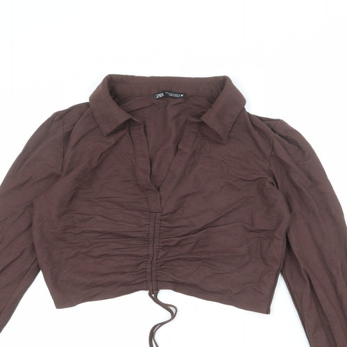 Zara Womens Brown Viscose Cropped T-Shirt Size M Collared - Ruched