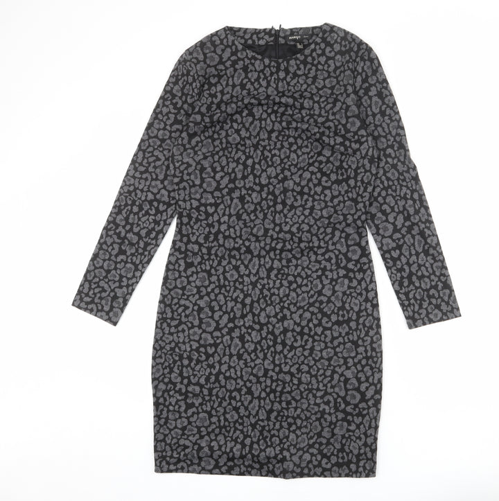 Mango Womens Grey Animal Print Polyester Sheath Size L Round Neck Zip - Leopard Print