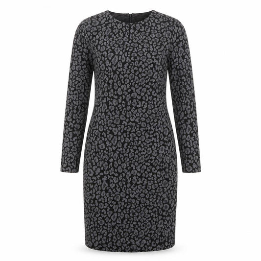 Front view of Mango women’s grey animal print polyester sheath, size L, round neck zip - leopard print