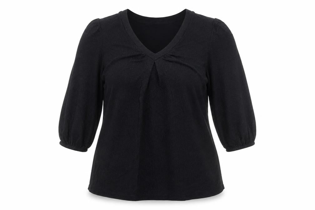 Front view of Bonmarché women’s black nylon basic blouse, size UK 12, v-neck