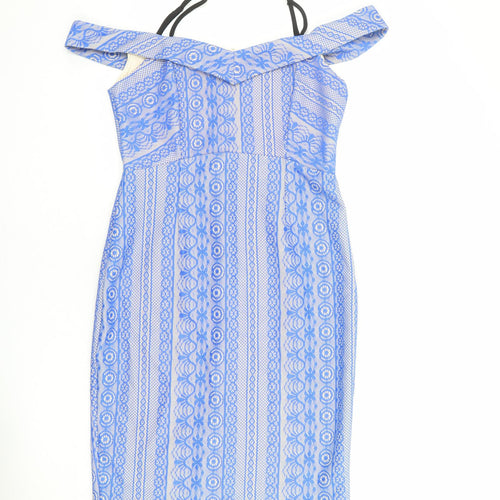 River Island Womens Blue Geometric Nylon Sheath Size 10 Square Neck Zip
