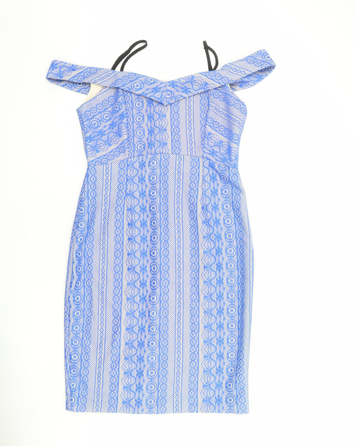 River Island Womens Blue Geometric Nylon Sheath Size 10 Square Neck Zip
