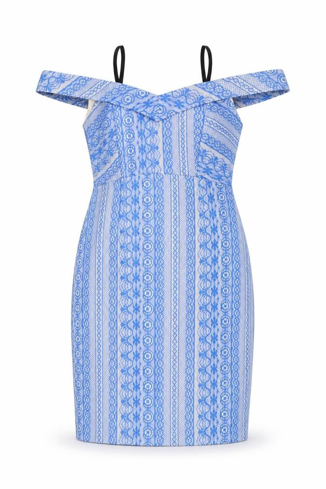 Front view of River Island women’s blue geometric nylon sheath, size UK 10, square neck zip