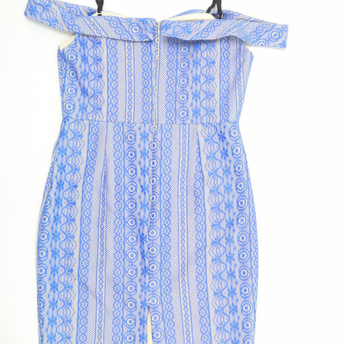 River Island Womens Blue Geometric Nylon Sheath Size 10 Square Neck Zip