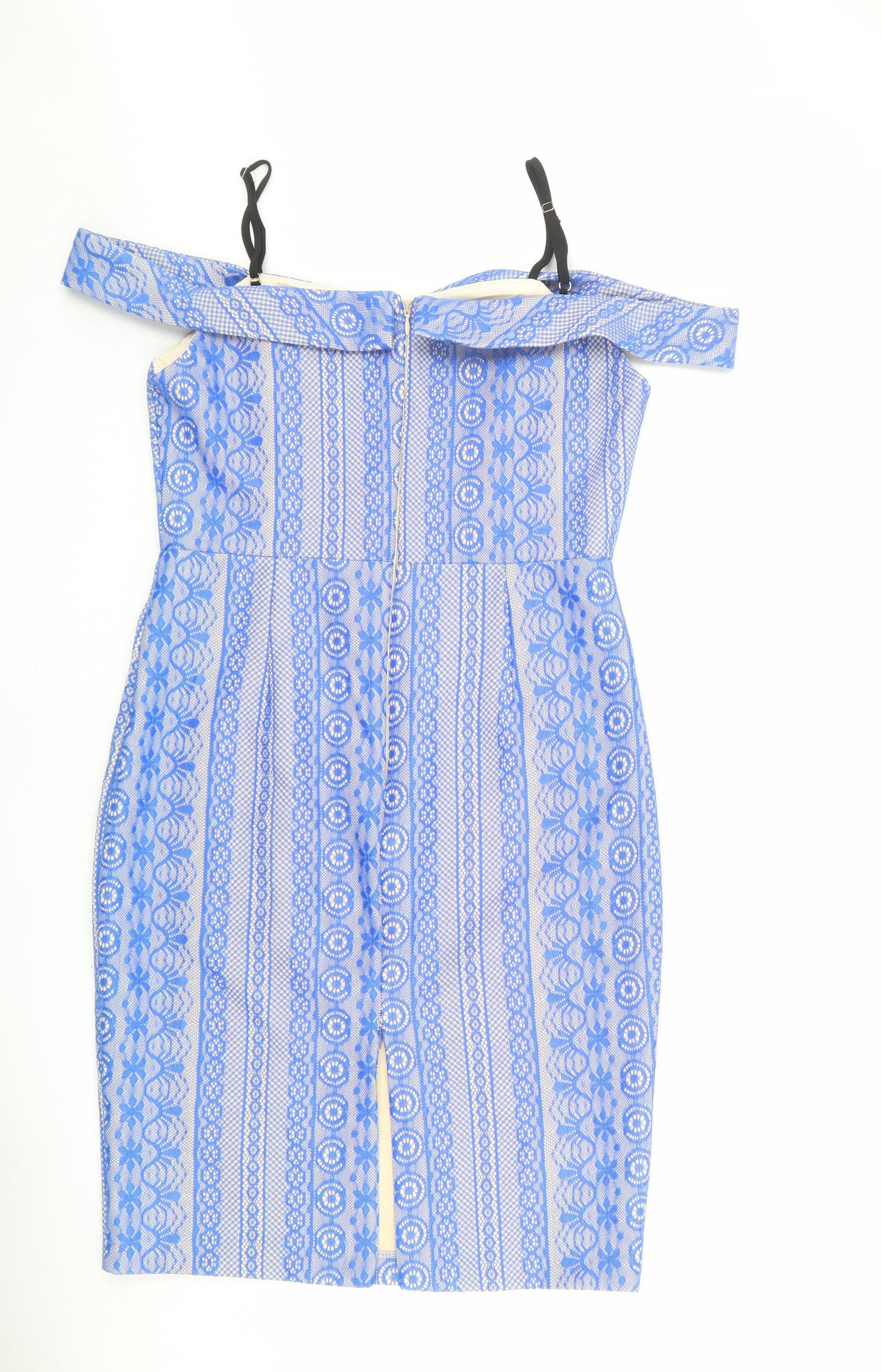 River Island Womens Blue Geometric Nylon Sheath Size 10 Square Neck Zip