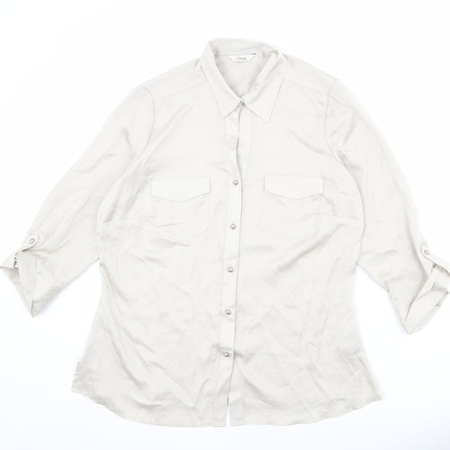Classic Womens Beige Polka Dot Polyester Basic Button-Up Size 12 Collared