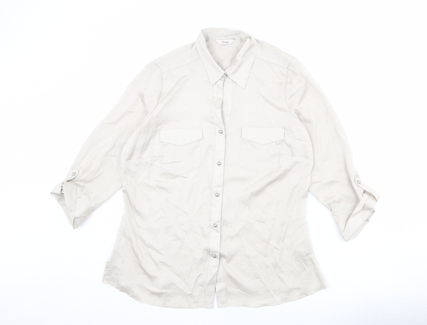 Classic Womens Beige Polka Dot Polyester Basic Button-Up Size 12 Collared