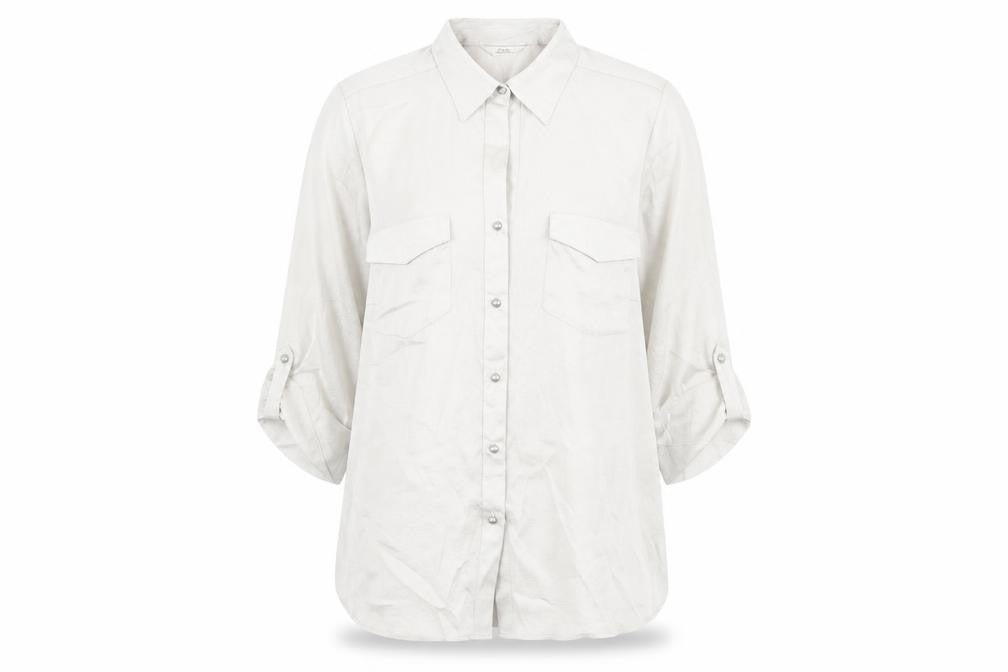Front view of Classics women’s beige polka dot polyester basic button-up, size UK 12, collared