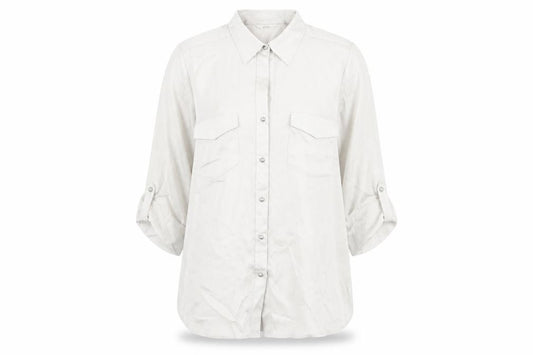 Front view of Classics women’s beige polka dot polyester basic button-up, size UK 12, collared