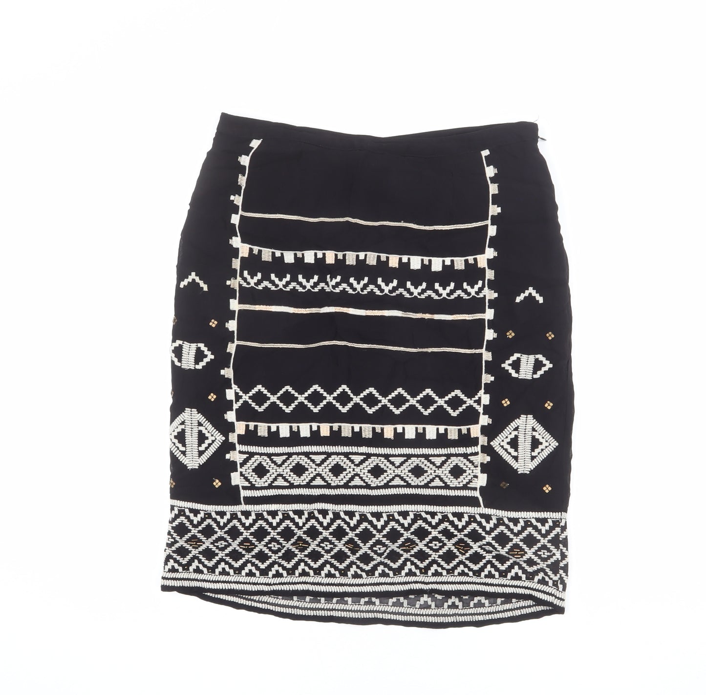 Monsoon Womens Black Geometric Viscose Straight & Pencil Skirt Size 10 Zip