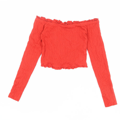 New Look Womens Red Cotton Cropped T-Shirt Size 10 Off the Shoulder