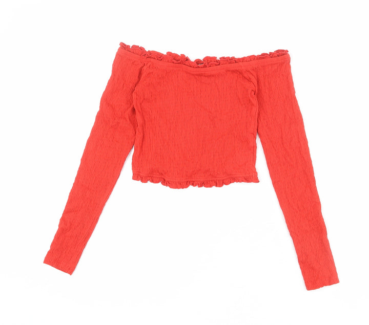New Look Womens Red Cotton Cropped T-Shirt Size 10 Off the Shoulder