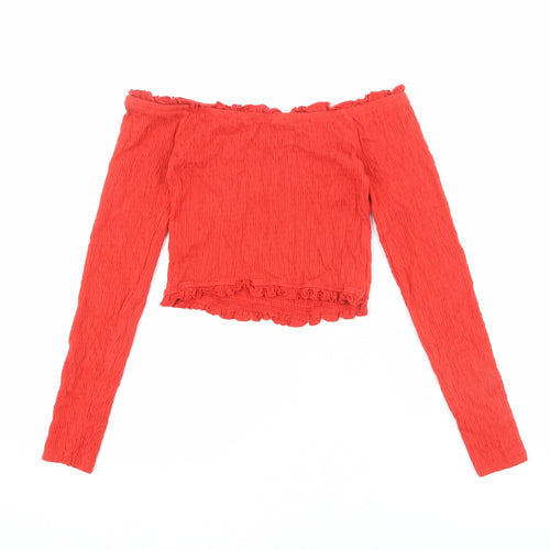 New Look Womens Red Cotton Cropped T-Shirt Size 10 Off the Shoulder
