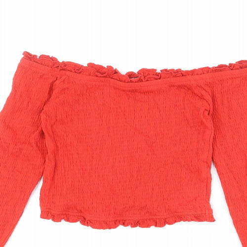 New Look Womens Red Cotton Cropped T-Shirt Size 10 Off the Shoulder