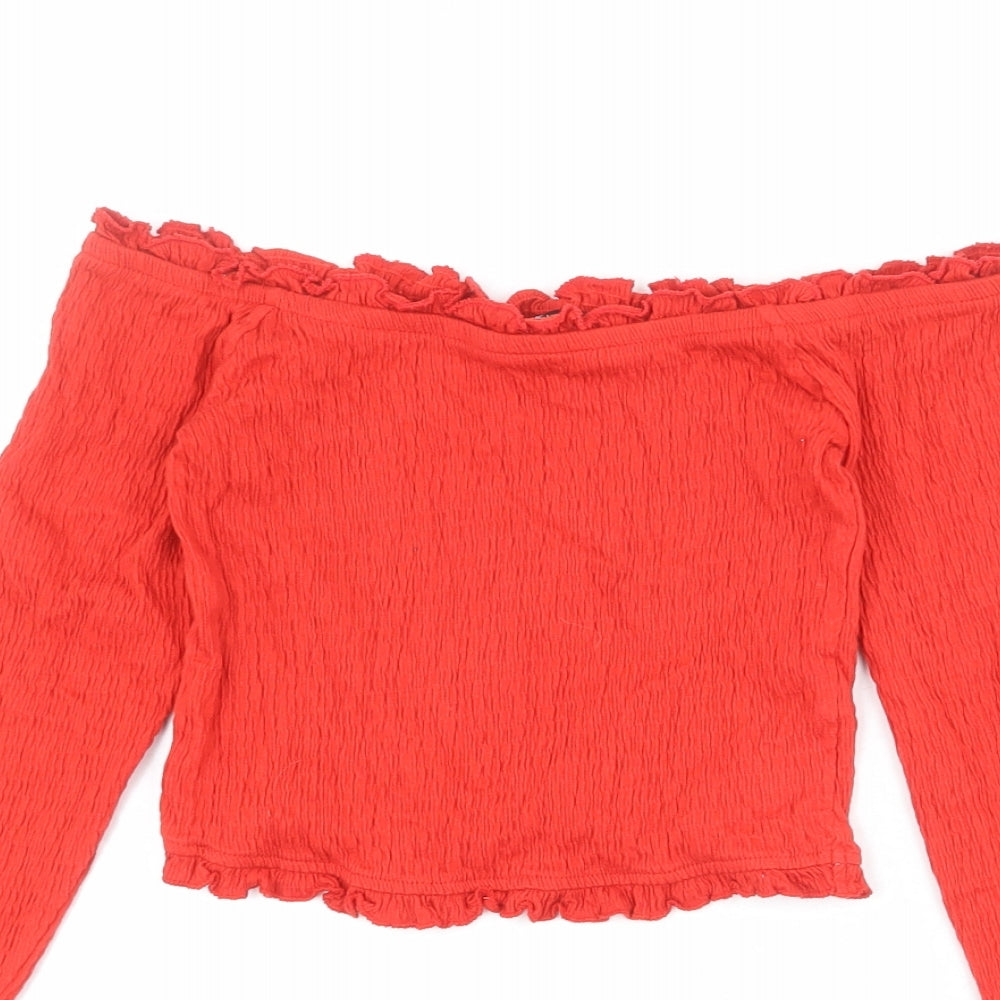 New Look Womens Red Cotton Cropped T-Shirt Size 10 Off the Shoulder