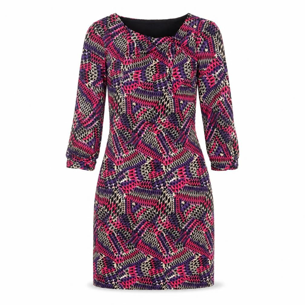 Front view of Per Una women’s multicoloured geometric polyester sheath, square neck pullover - asymmetric neckline