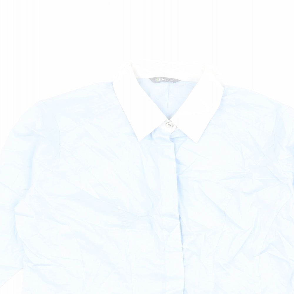 Marks and Spencer Womens Blue Cotton Basic Button-Up Size 14 Collared
