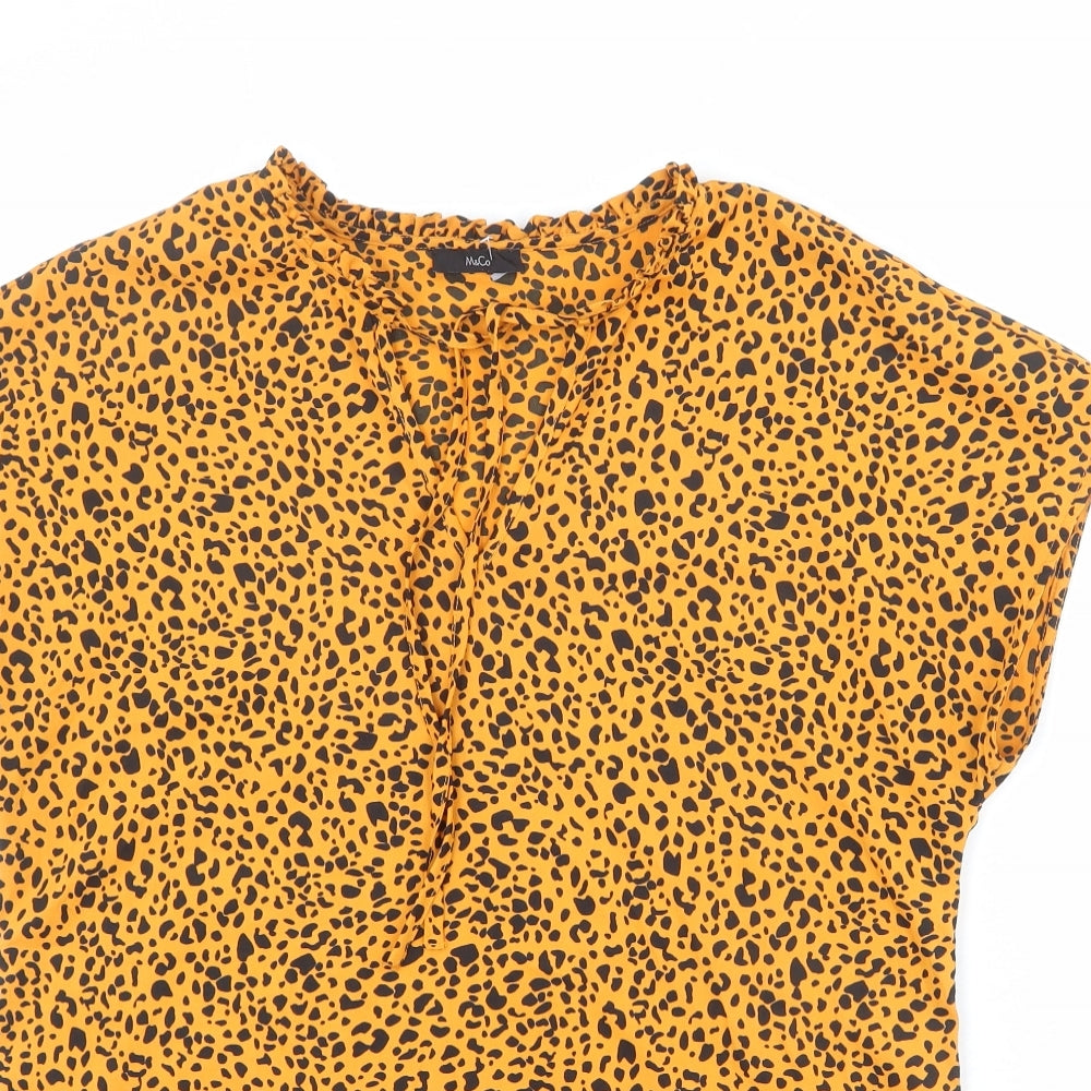 M&Co Womens Orange Animal Print Polyester Basic Blouse Size 12 V-Neck - Leopard Print