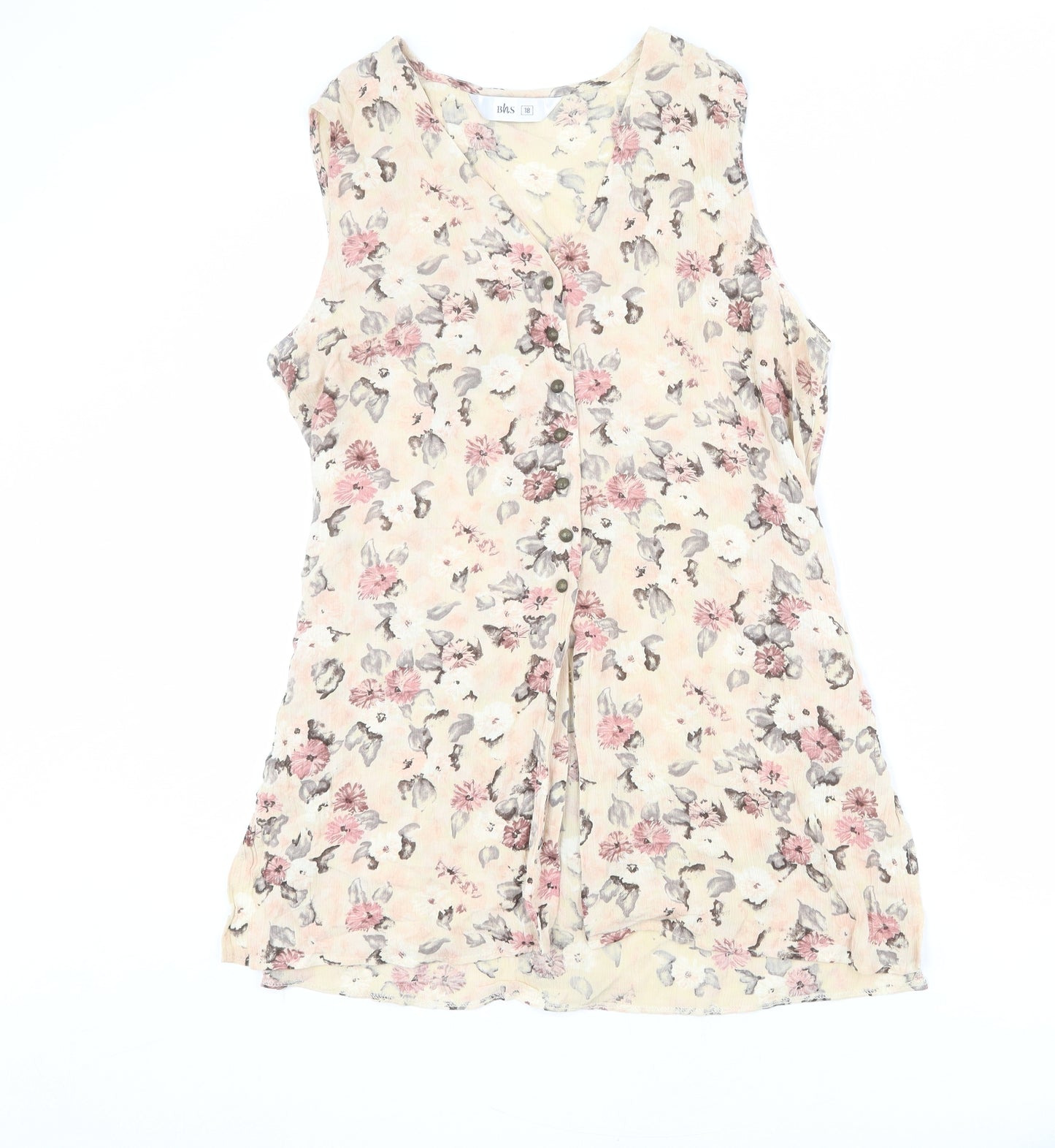 BHS Womens Beige Floral Viscose Tunic Button-Up Size 18 V-Neck - Belted