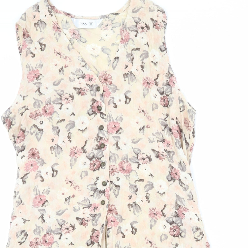 BHS Womens Beige Floral Viscose Tunic Button-Up Size 18 V-Neck - Belted