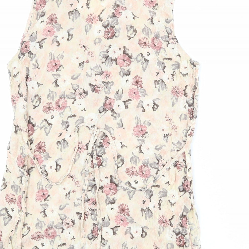 BHS Womens Beige Floral Viscose Tunic Button-Up Size 18 V-Neck - Belted