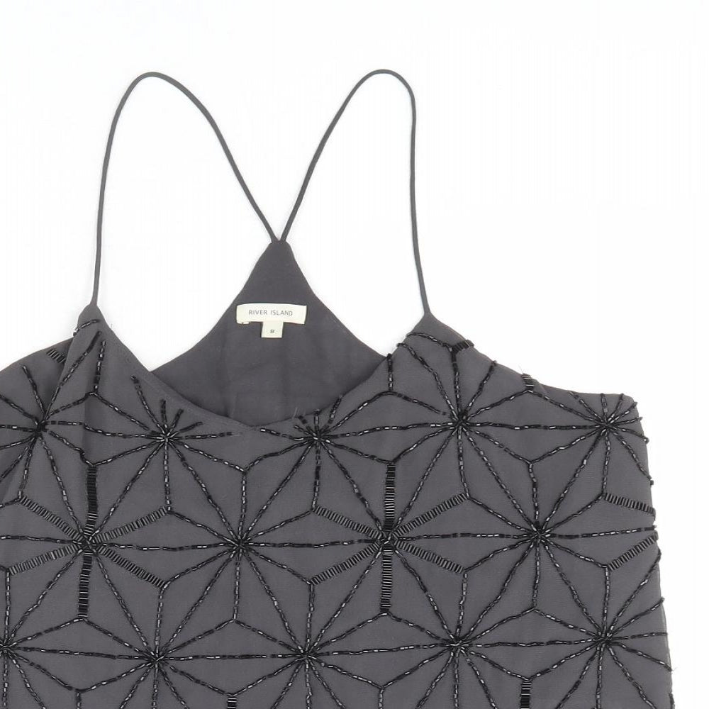 River Island Womens Grey Geometric Polyester Camisole Tank Size 8 V-Neck - Beaded Detail