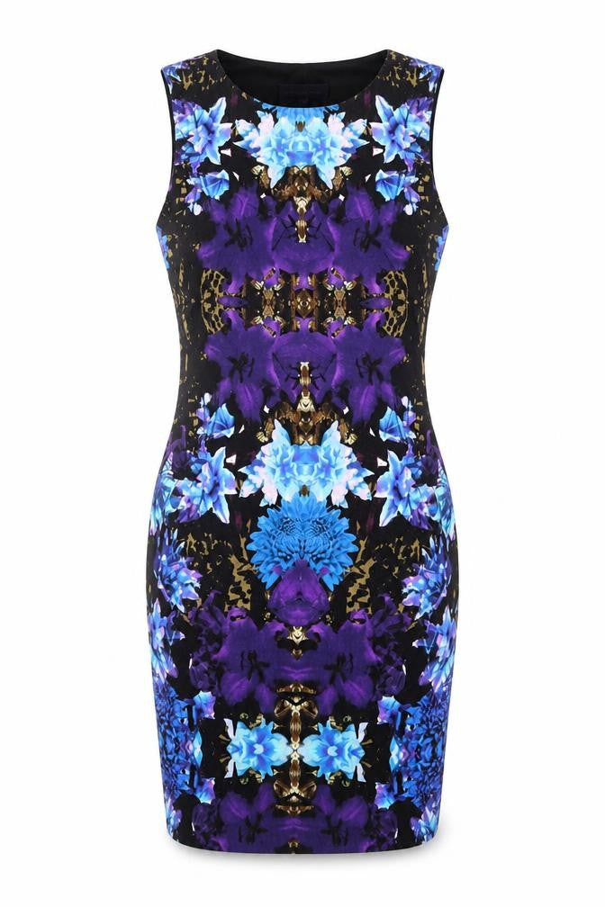 Front view of Limited Edition women’s multicoloured geometric polyester bodycon, size UK 8, round neck pullover