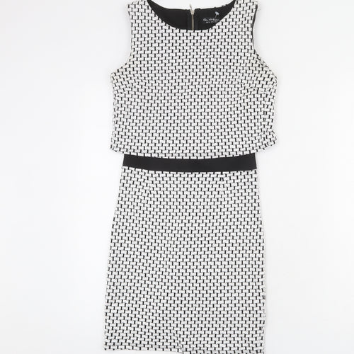 Miss Selfridge Womens White Geometric Cotton Bodycon Size 6 Round Neck Zip - Layered