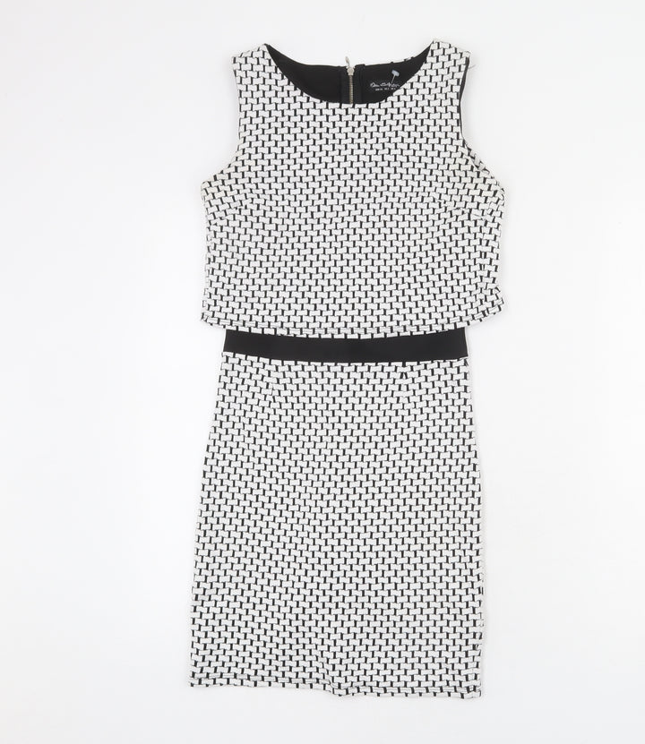 Miss Selfridge Womens White Geometric Cotton Bodycon Size 6 Round Neck Zip - Layered