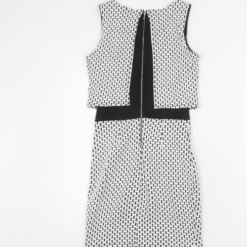 Miss Selfridge Womens White Geometric Cotton Bodycon Size 6 Round Neck Zip - Layered