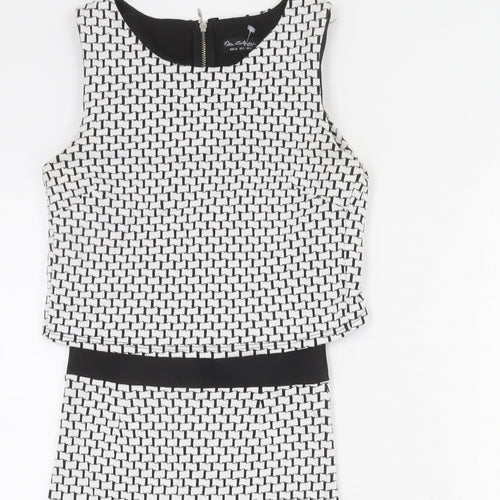 Miss Selfridge Womens White Geometric Cotton Bodycon Size 6 Round Neck Zip - Layered
