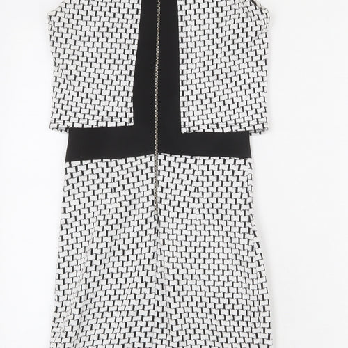 Miss Selfridge Womens White Geometric Cotton Bodycon Size 6 Round Neck Zip - Layered