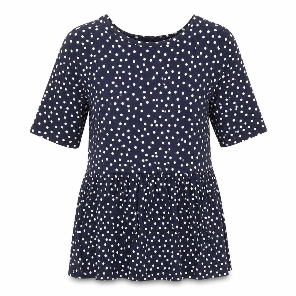 Front view of Next women’s blue polka dot viscose basic t-shirt, size UK 8, round neck