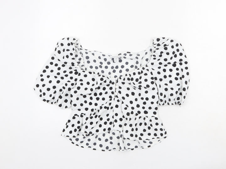 Topshop Womens White Polka Dot Polyester Cropped Blouse Size 8 Square Neck