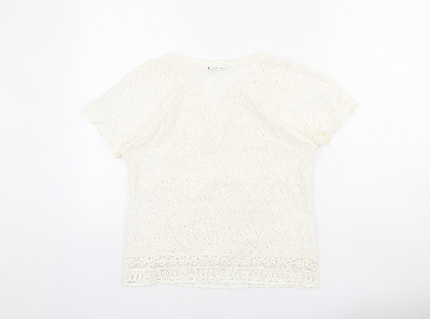 Mango Womens Ivory Geometric Polyester Basic T-Shirt Size S V-Neck