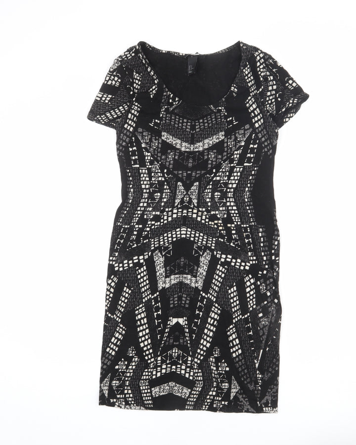H&M Womens Black Geometric Polyester Bodycon Size M Round Neck Pullover