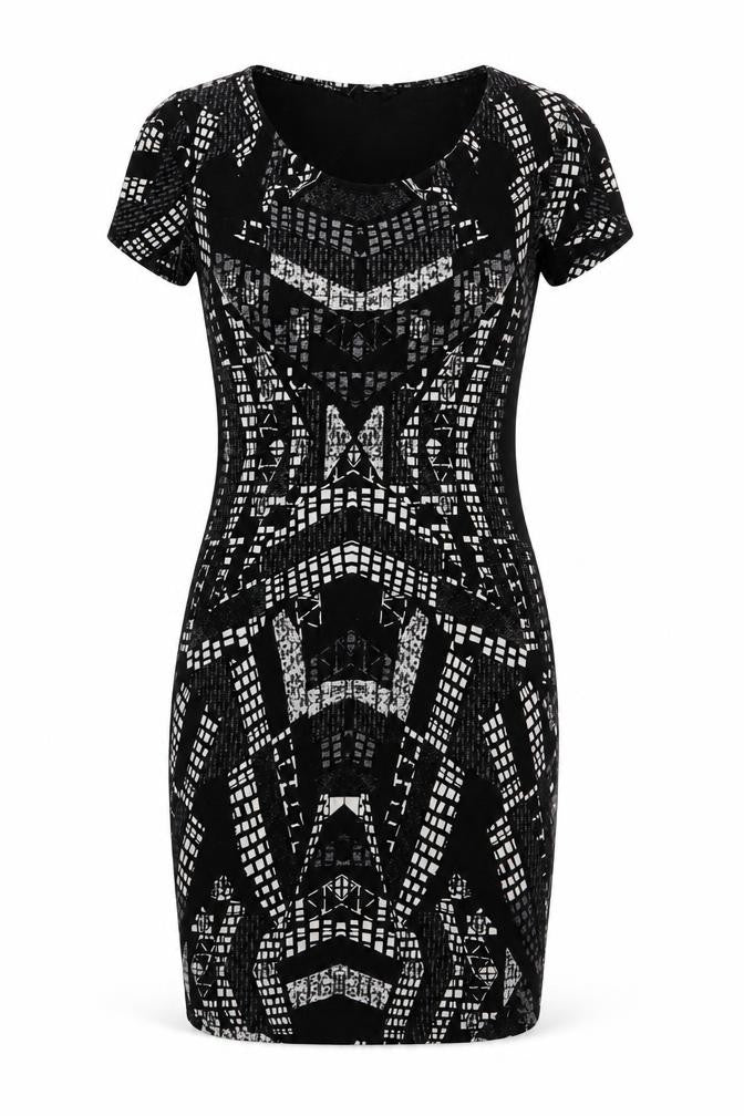 Front view of H&M women’s black geometric polyester bodycon, size M, round neck pullover