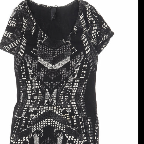 H&M Womens Black Geometric Polyester Bodycon Size M Round Neck Pullover