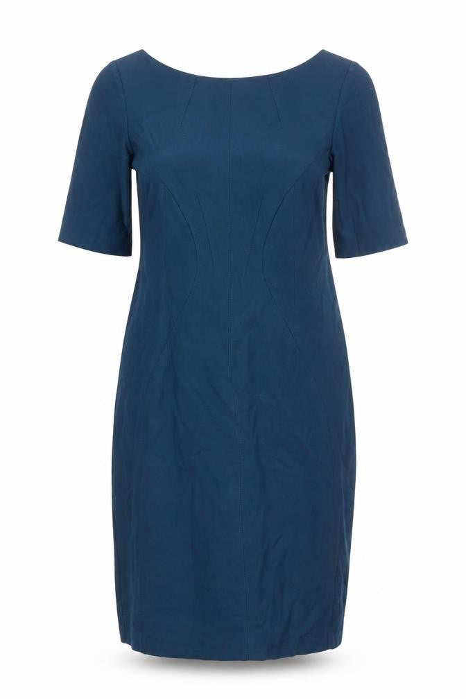Front view of Monsoon women’s blue viscose sheath, size UK 14, boat neck zip