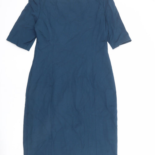 Monsoon Womens Blue Viscose Sheath Size 14 Boat Neck Zip