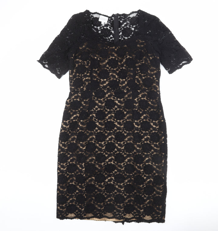 Kaliko Womens Black Floral Polyester Sheath Size 12 V-Neck Zip - Lace Overlay, Slit