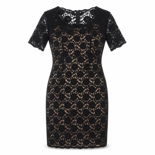Front view of Kaliko women’s black floral polyester sheath, size UK 12, v-neck zip - lace overlay, slit