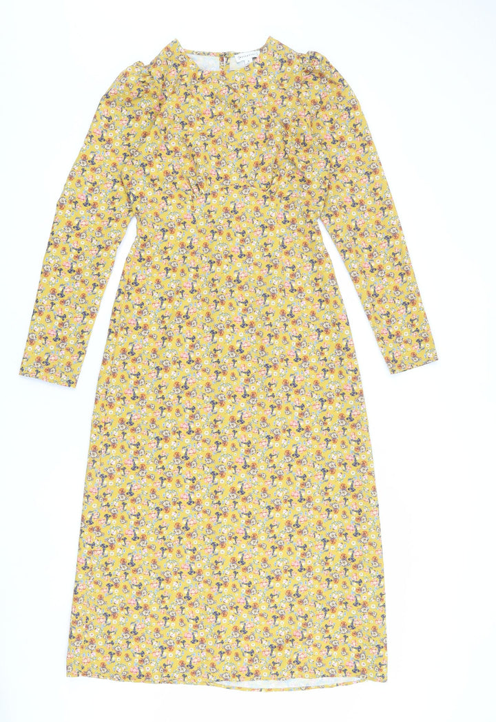Warehouse Womens Yellow Floral Polyester Sheath Size 8 Round Neck Button